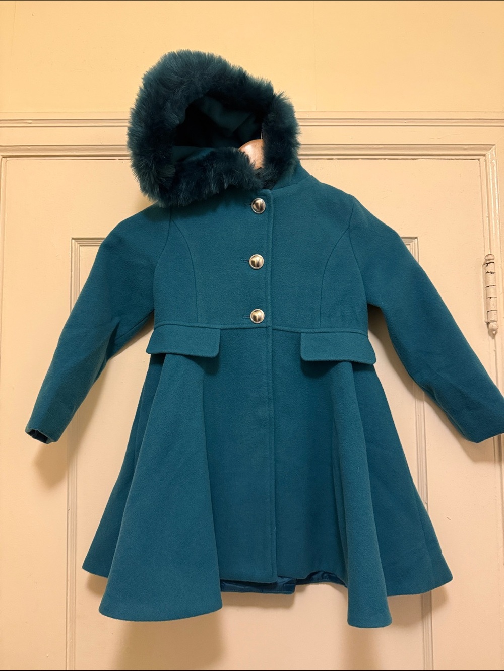 Tailored by Rothschild Teal Girls' Hooded Pea Coat with Faux Fur Trim